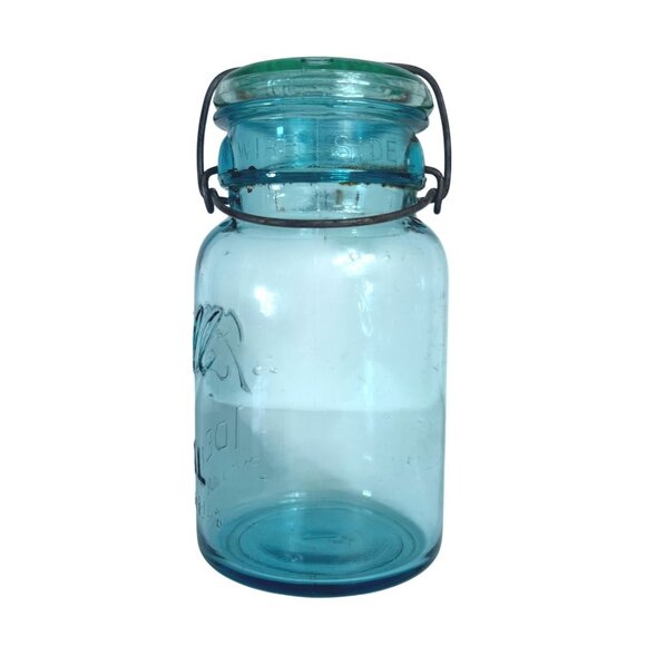 Ball Ideal Aqua Blue Mason Jar Canning Glass Lid Wire Closure VTG Quart Number 1 - Picture 3 of 16